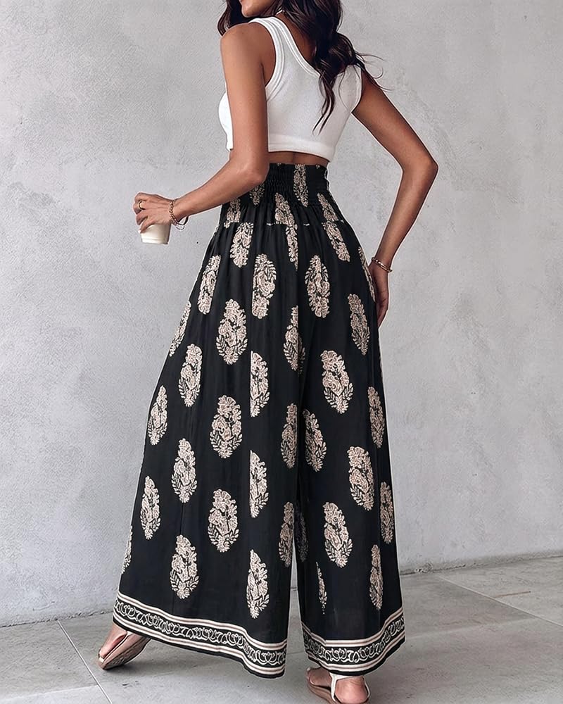 CHICME Boho Floral Shirred High Waisted Wide Leg Pants Flowy Palazzo Pants Summer Beach Vacation Wear