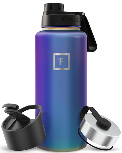 IRON °FLASK Camping & Hiking Hydration Flask with Straw, Wide Mouth Insulated Stainless Steel Sports Water Bottle - Midnight Black 24 oz - Straw (1 Lid)