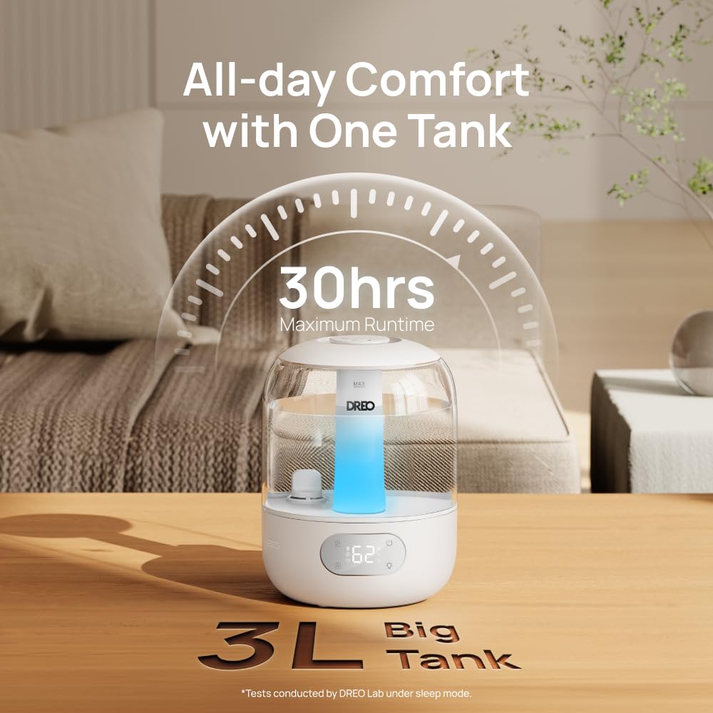 DREO Humidifiers for Bedroom, 3L Top Fill 30H & 26dB Quiet Runtime for Large Room, Cool Mist Ultrasonic Humidifier with Humidity Sensor, Night Light for Home, Baby, Nursery, Plants, 360° Nozzle, Black