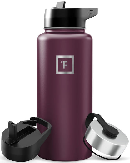 IRON °FLASK Camping & Hiking Hydration Flask with Straw, Wide Mouth Insulated Stainless Steel Sports Water Bottle - Midnight Black 24 oz - Straw (1 Lid)