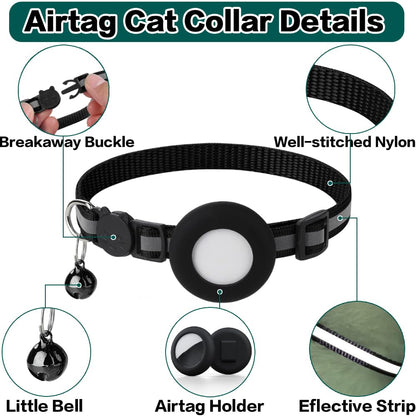 Airtag Cat Collar Breakaway, Cat Collar with Air Tag Holder(Black) | Safety Breakaway Buckle, Reflective Strip, Lightweight, Bell, 0.4 Inches in Width, Adjustable Size to Fit Different Cats