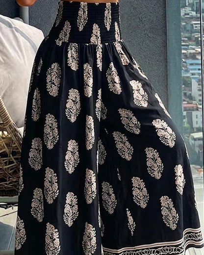 CHICME Boho Floral Shirred High Waisted Wide Leg Pants Flowy Palazzo Pants Summer Beach Vacation Wear
