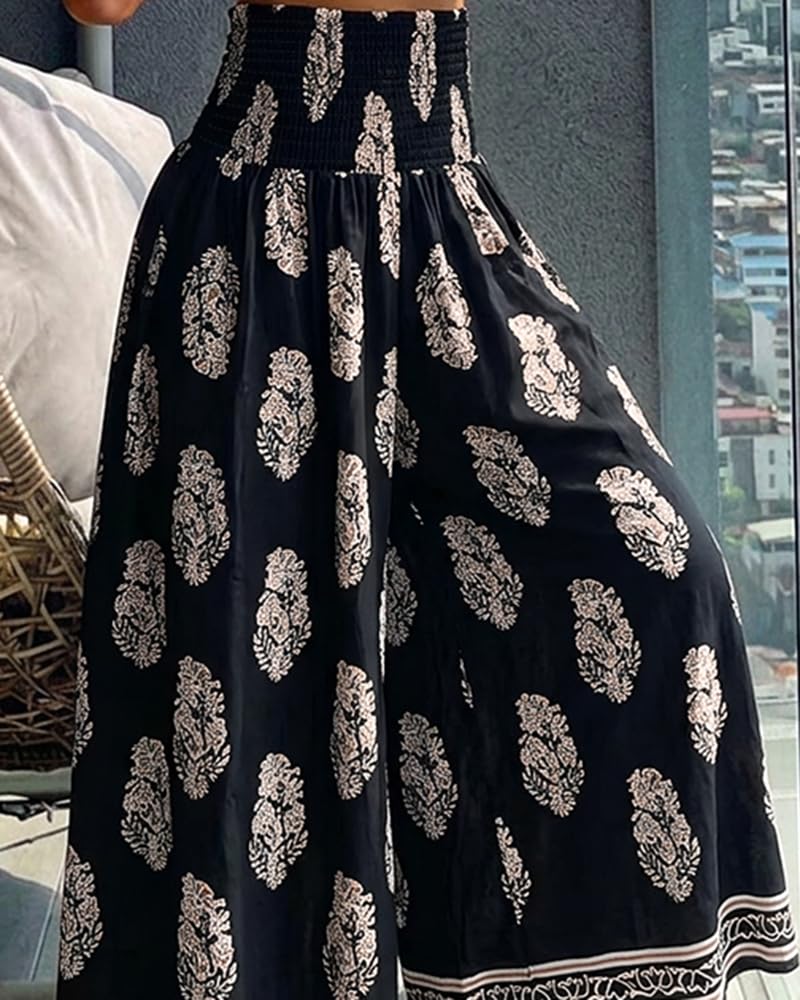CHICME Boho Floral Shirred High Waisted Wide Leg Pants Flowy Palazzo Pants Summer Beach Vacation Wear