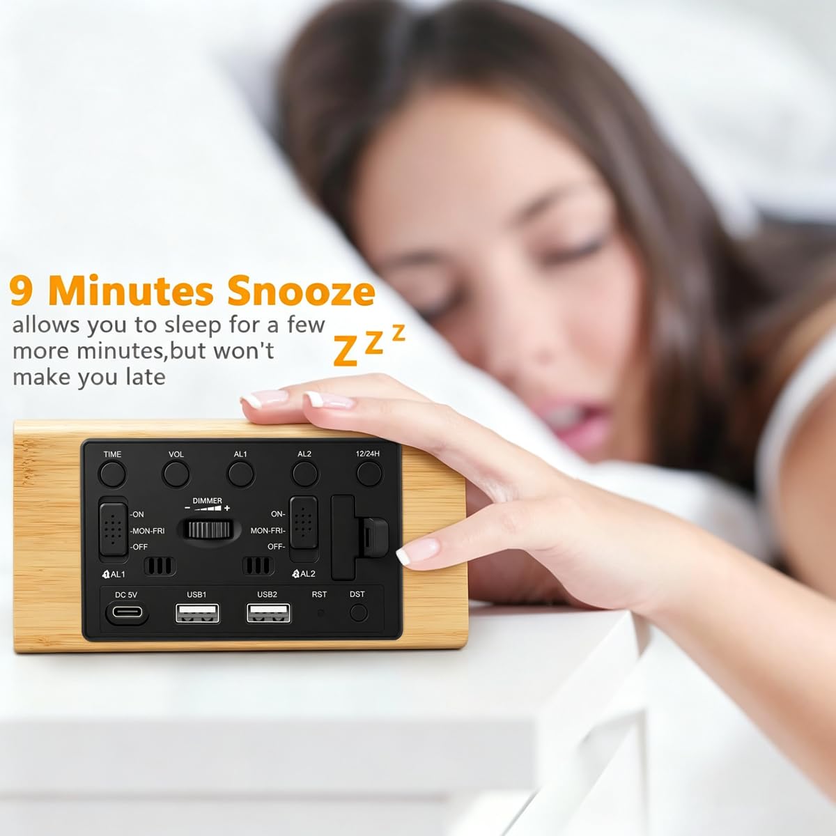 Kogonee Wooden Digital Alarm Clock, 0-100% Dimmer, 2 Alarm Settings, Weekday/Everyday Mode, 9 Mins Snooze, 12/24H, Temperature and Date Display for Office, Travel, Bedroom Alarm Clock (Brown)