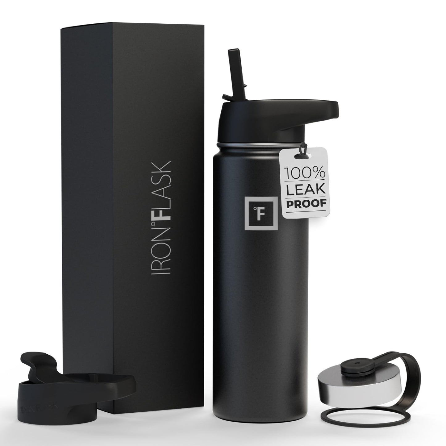 IRON °FLASK Camping & Hiking Hydration Flask with Straw, Wide Mouth Insulated Stainless Steel Sports Water Bottle - Midnight Black 24 oz - Straw (1 Lid)