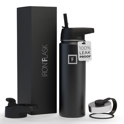 IRON °FLASK Camping & Hiking Hydration Flask with Straw, Wide Mouth Insulated Stainless Steel Sports Water Bottle - Midnight Black 24 oz - Straw (1 Lid)