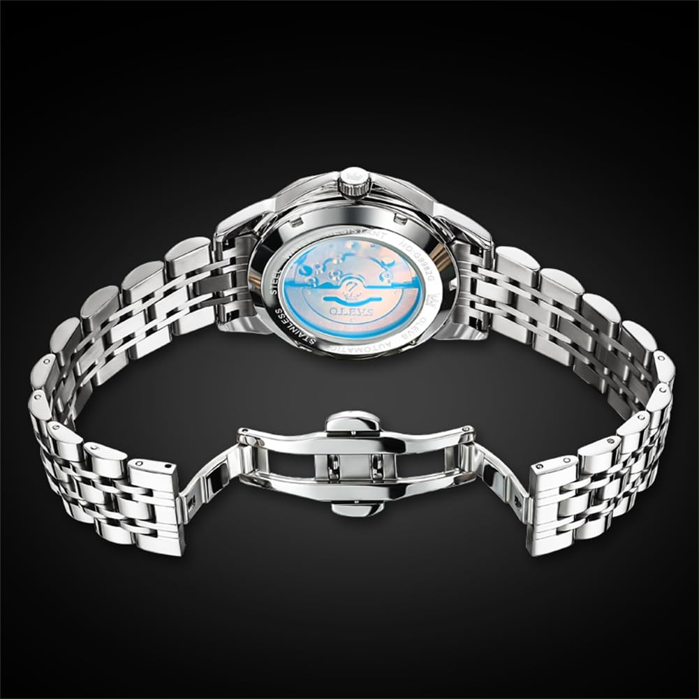 OLEVS Skeleton Men Watches Automatic Business Luxury Diamond Self Winding Watch for Men Stainless Steel Calendar Wrist Watch