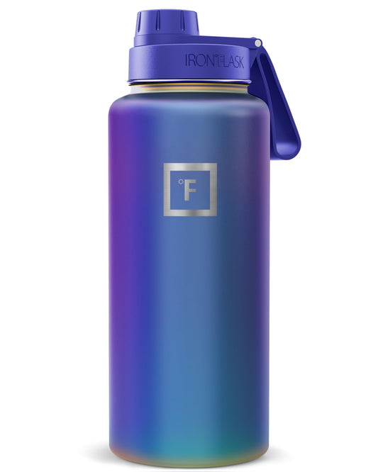 IRON °FLASK Camping & Hiking Hydration Flask with Straw, Wide Mouth Insulated Stainless Steel Sports Water Bottle - Midnight Black 24 oz - Straw (1 Lid)