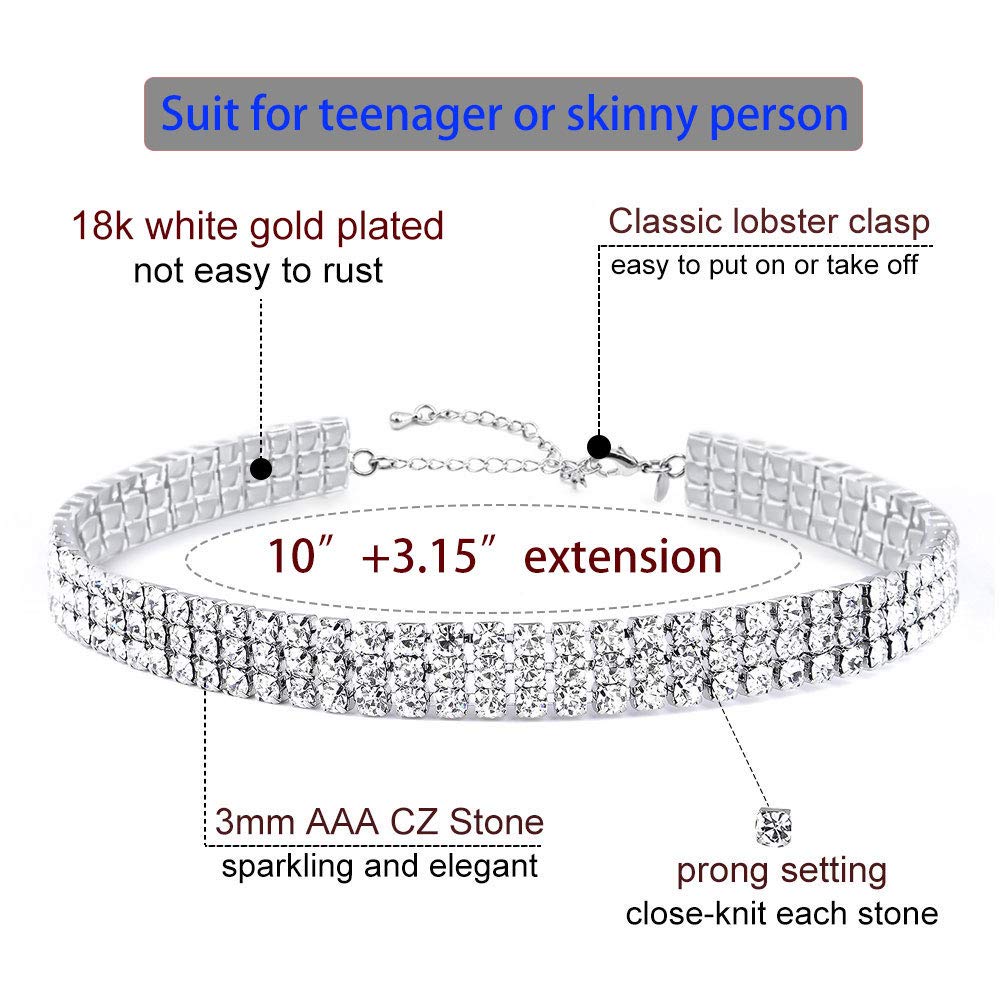 Zealmer 3 Row Rhinestone Choker Necklace for Women 18K Gold Plated