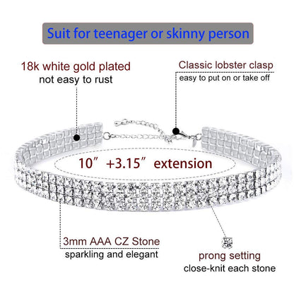 Zealmer 3 Row Rhinestone Choker Necklace for Women 18K Gold Plated