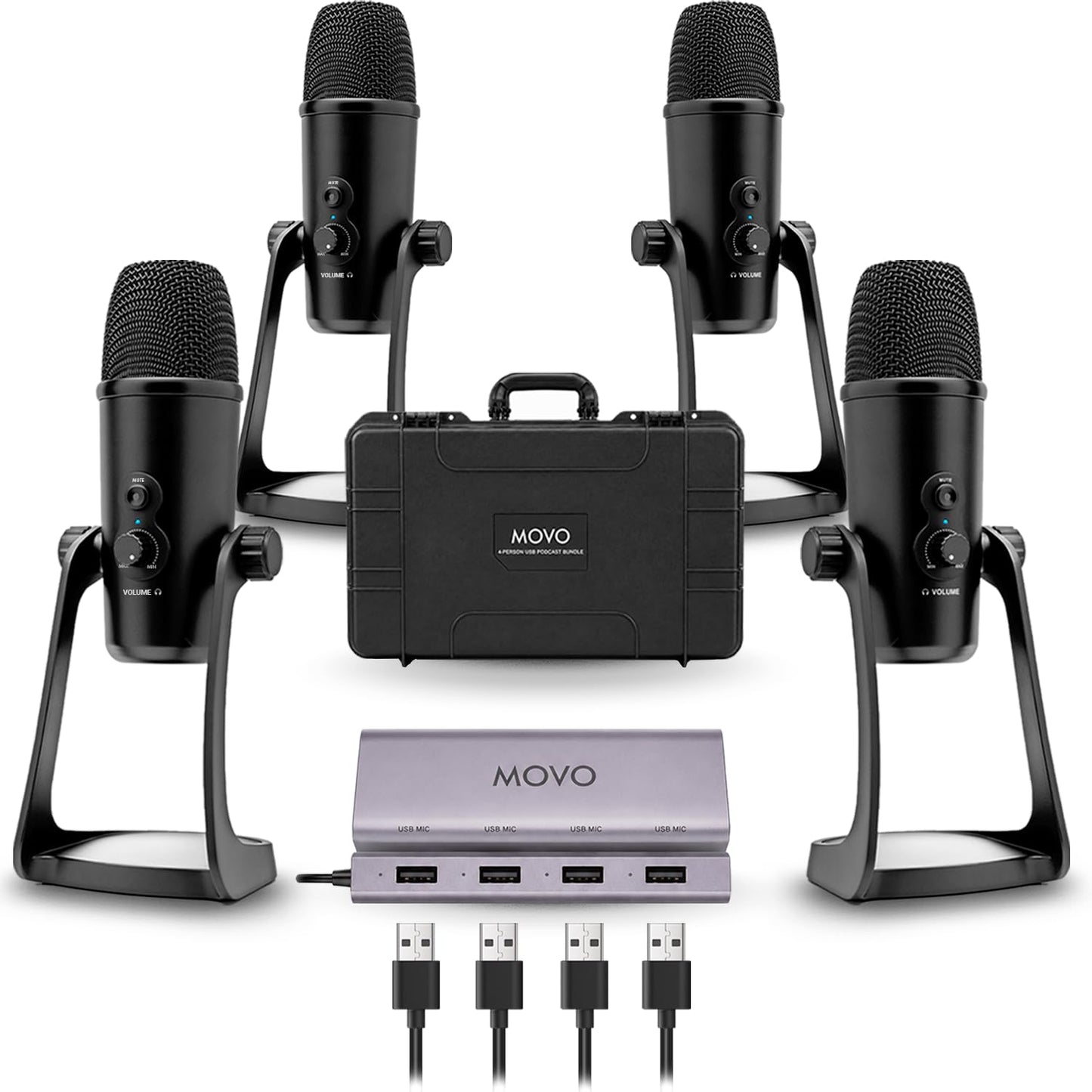 Movo USB Podcast Equipment Bundle for 4 – USB Interface with 4 UM700 Condenser Microphones – 4-Port Powered Hub for Streaming, Podcasting, Interviews (White)