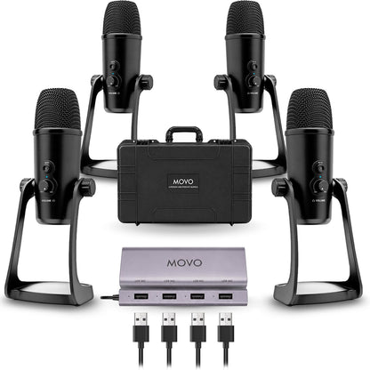 Movo USB Podcast Equipment Bundle for 4 – USB Interface with 4 UM700 Condenser Microphones – 4-Port Powered Hub for Streaming, Podcasting, Interviews (White)