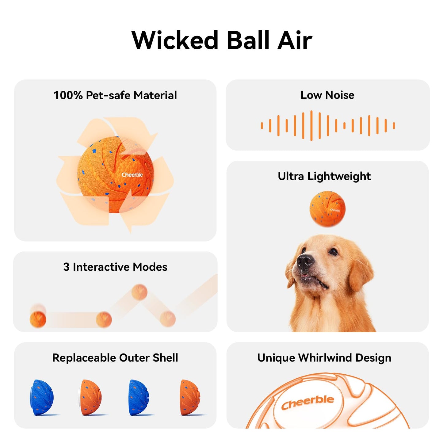 Cheerble Smart Interactive Dog Toy, Wicked Ball AIR, Automatic Moving, Bouncing, and Rotating, E-TPU Material, IPX7 Waterproof Rating, Active Rolling Ball for Puppy, Medium and Large Dogs