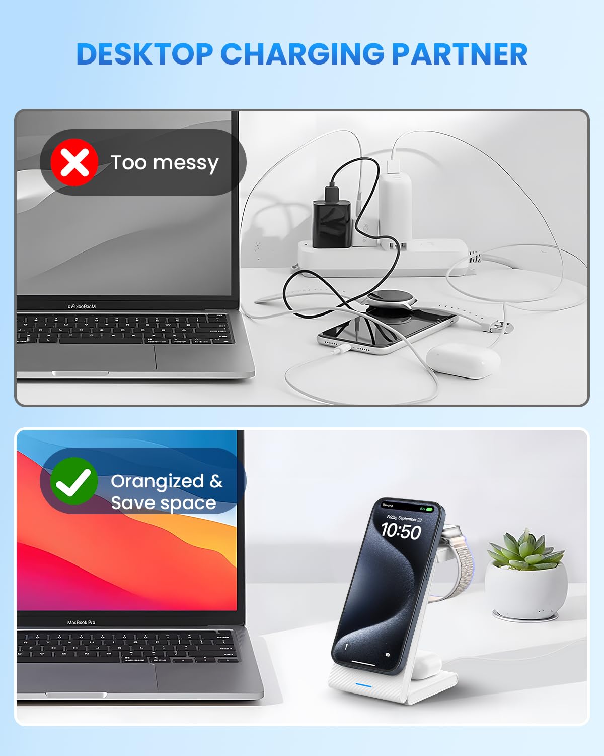 JoyGeek 3 in 1 Charging Station for Apple Devices, Wireless Charger Stand for iPhone 17/16/15/14/13/12/11/SE/X Pro Max Plus - Apple Watch 11/10/9/Ultra 2/8/SE/7/6/5 - AirPods Pro 2/3/2