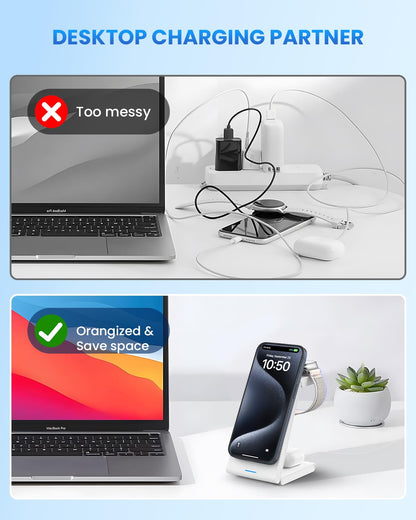 JoyGeek 3 in 1 Charging Station for Apple Devices, Wireless Charger Stand for iPhone 17/16/15/14/13/12/11/SE/X Pro Max Plus - Apple Watch 11/10/9/Ultra 2/8/SE/7/6/5 - AirPods Pro 2/3/2
