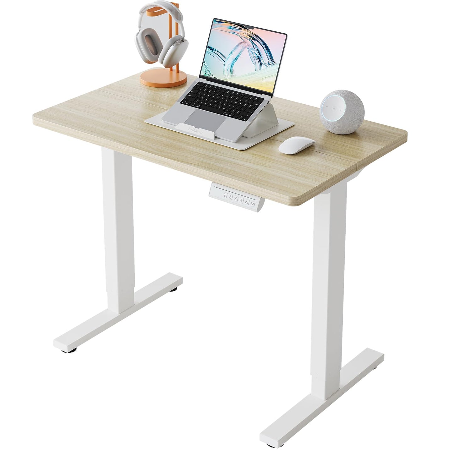 HUANUO 32" Small Electric Standing Desk Adjustable Height, 4 Memory Height Settings, Sit Stand Up Desk for Home Office & Computer Workstation, LightWalnut