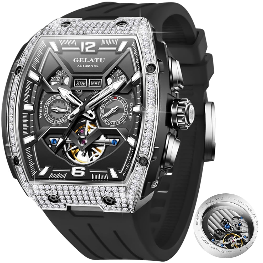 OLEVS Skeleton Men Watches Automatic Business Luxury Diamond Self Winding Watch for Men Stainless Steel Calendar Wrist Watch