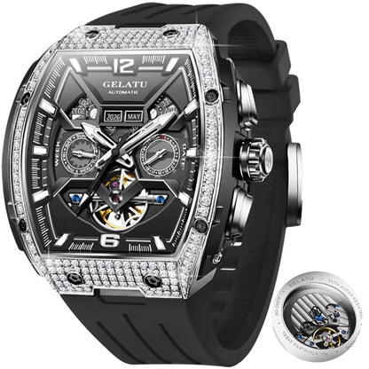 OLEVS Skeleton Men Watches Automatic Business Luxury Diamond Self Winding Watch for Men Stainless Steel Calendar Wrist Watch