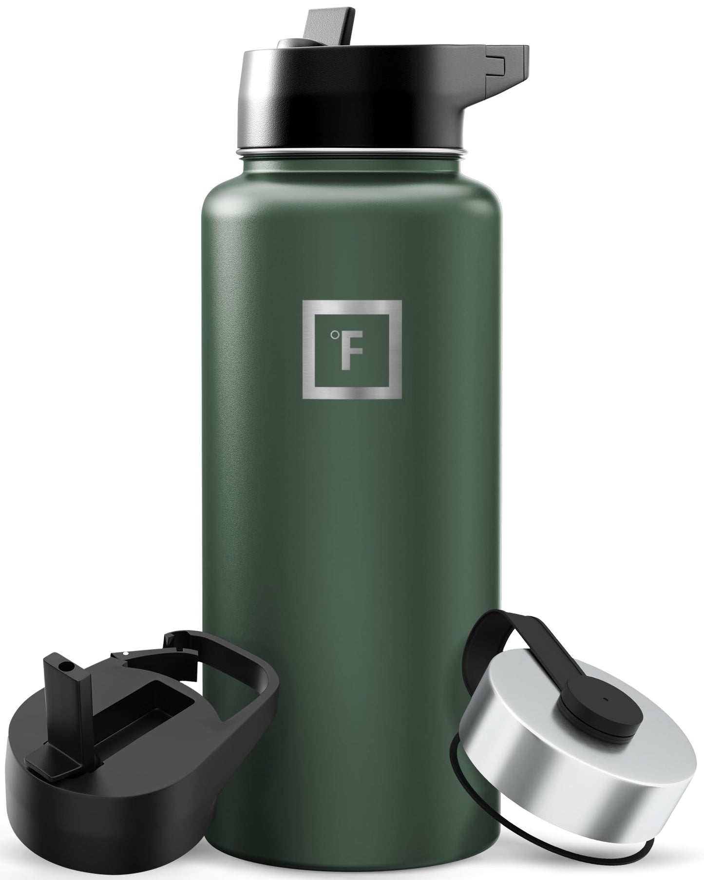 IRON °FLASK Camping & Hiking Hydration Flask with Straw, Wide Mouth Insulated Stainless Steel Sports Water Bottle - Midnight Black 24 oz - Straw (1 Lid)