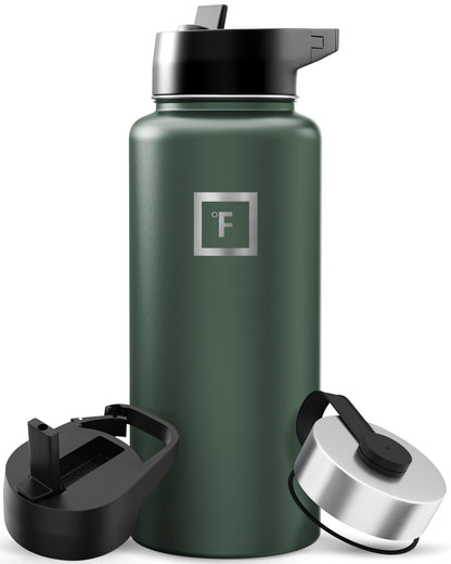 IRON °FLASK Camping & Hiking Hydration Flask with Straw, Wide Mouth Insulated Stainless Steel Sports Water Bottle - Midnight Black 24 oz - Straw (1 Lid)