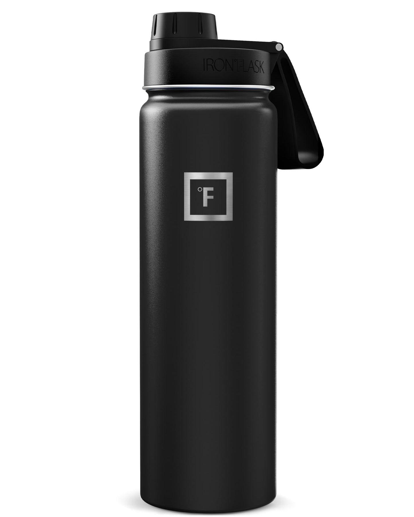IRON °FLASK Camping & Hiking Hydration Flask with Straw, Wide Mouth Insulated Stainless Steel Sports Water Bottle - Midnight Black 24 oz - Straw (1 Lid)