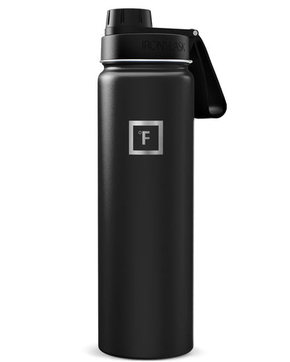 IRON °FLASK Camping & Hiking Hydration Flask with Straw, Wide Mouth Insulated Stainless Steel Sports Water Bottle - Midnight Black 24 oz - Straw (1 Lid)