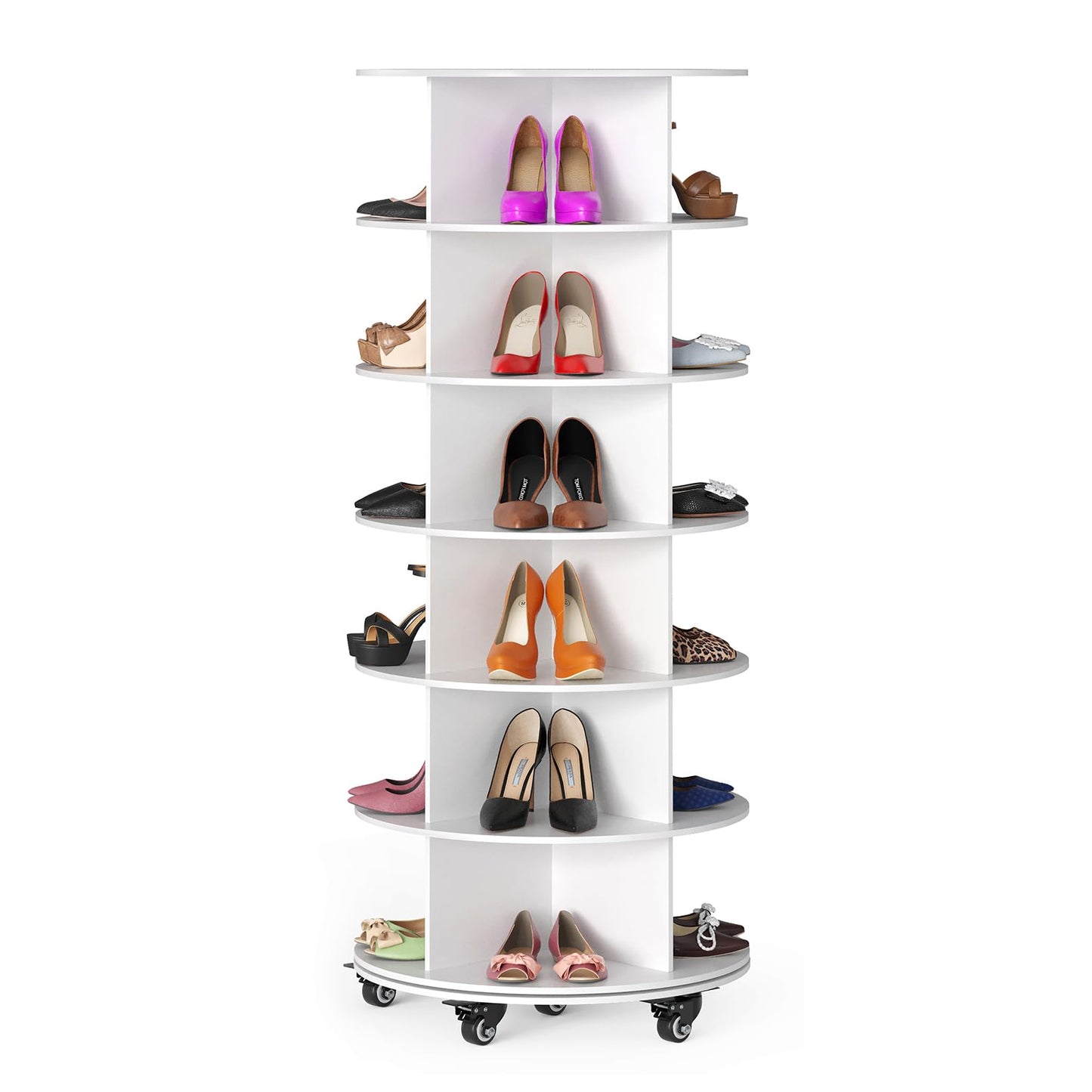 SpaceAid Spinning Shoe Rack with Wheels, 7 Tier Rotating Organizer Shoe Tower Lazy Susan with Thick Bottom, 360 Display Revolving Storage Shelf, Round Circular Rotate Organization, White