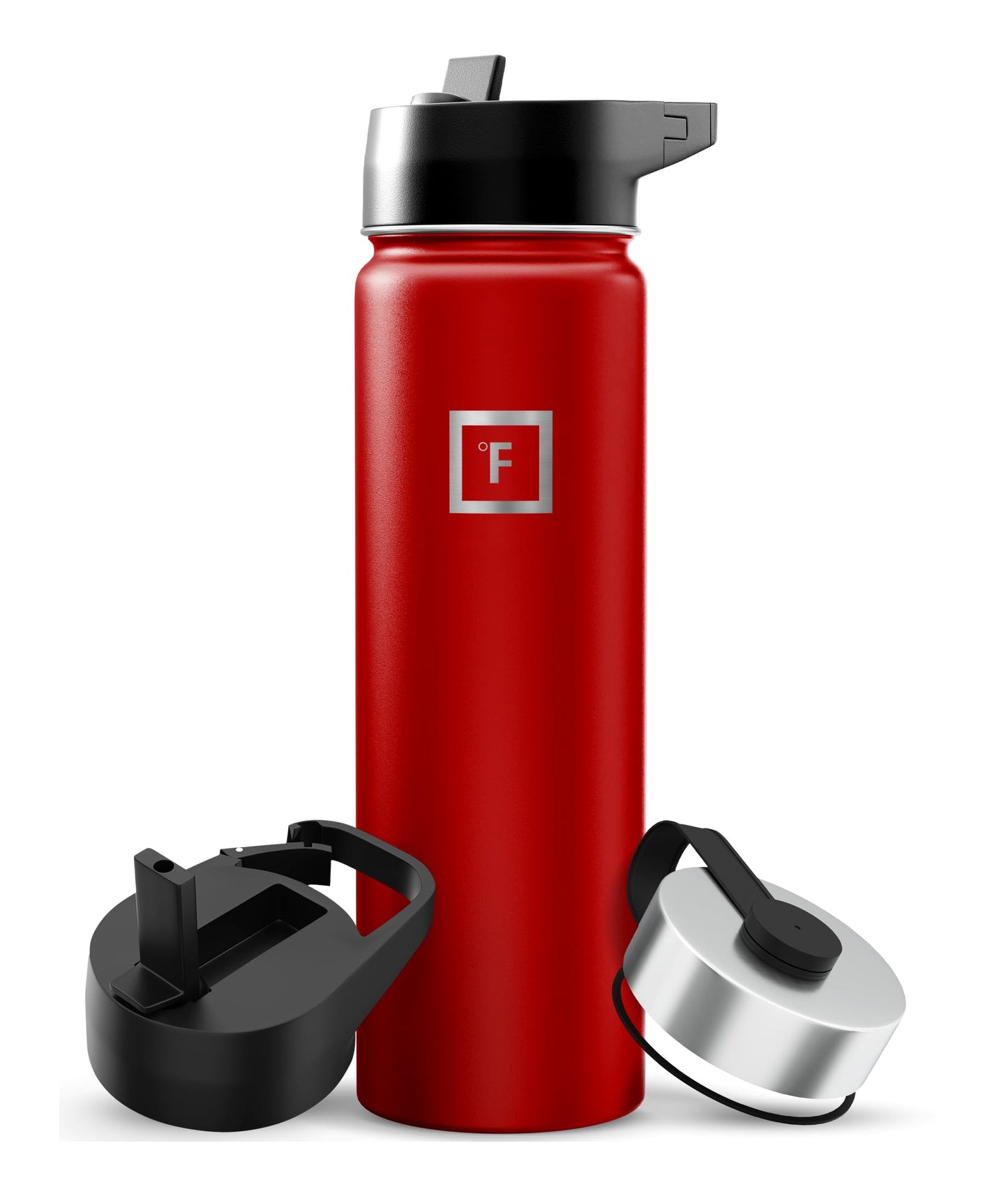 IRON °FLASK Camping & Hiking Hydration Flask with Straw, Wide Mouth Insulated Stainless Steel Sports Water Bottle - Midnight Black 24 oz - Straw (1 Lid)