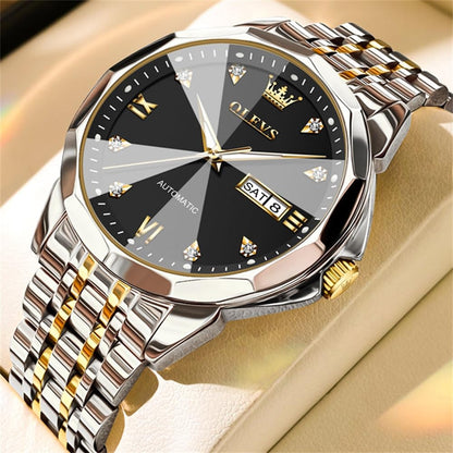 OLEVS Skeleton Men Watches Automatic Business Luxury Diamond Self Winding Watch for Men Stainless Steel Calendar Wrist Watch