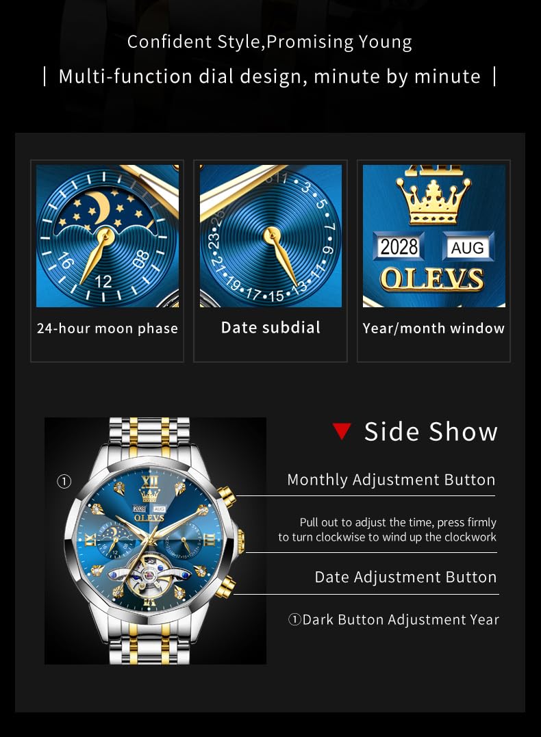 OLEVS Skeleton Men Watches Automatic Business Luxury Diamond Self Winding Watch for Men Stainless Steel Calendar Wrist Watch