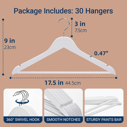 Amber Home 30 Pack Wooden Coat Hangers, Natural Wood Suit Hangers with Non-Slip Pant Bar, Clothes Hangers for Closet Organization, Shirts, Jackets, Dresses, and Pants (Natural, 30)