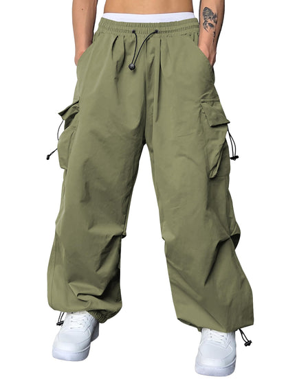 JMIERR Mens Loose Fit Drawstring Y2K Baggy Parachute Cargo Pants | Harem Joggers, Utility Flap, Deep Side Pockets, Elastic Waistband, Adjustable Hem, Streetwear, Casual Wear, Outdoor Hiking