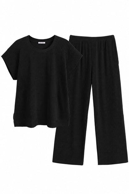 Ekouaer Two Piece Sets for Women 2026 Travel Outfits Short Sleeve Top Wide Leg Pants Rib Tracksuits Summer Fashion Lounge Set