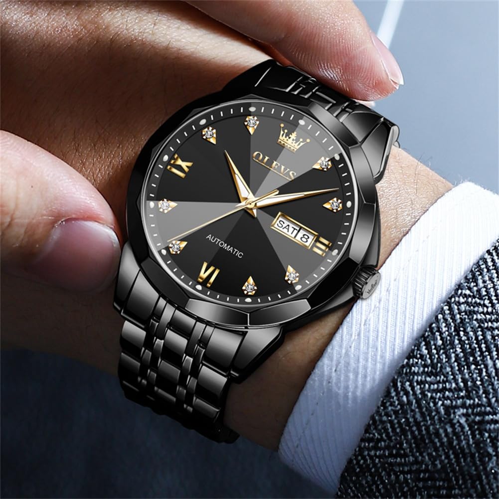 OLEVS Skeleton Men Watches Automatic Business Luxury Diamond Self Winding Watch for Men Stainless Steel Calendar Wrist Watch