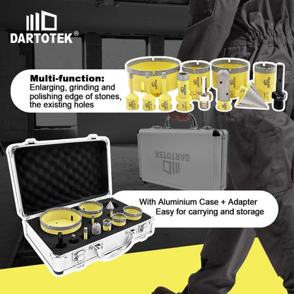 Diamond Core Drill Bits Set for Tile, DARTOTEK 10PCS Porcelain Hole Saw Kit with Aluminum Case, (6/6/8/20/35/50/65mm+2" Chamfer bit +SDS Adapter, Dry/Wet Drilling for Ceramic, Granite & Marble