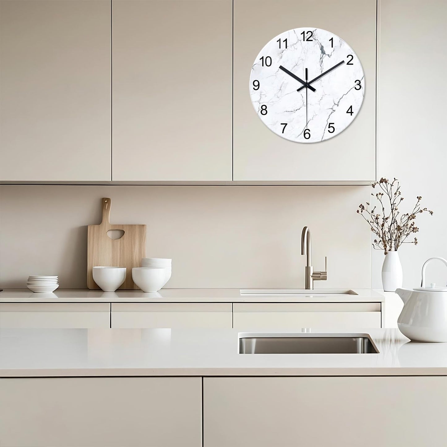 White Marble Glass Wall Clocks Battery Operated 12 Inch Abstract Decorative Analog Wall Clocks for Living Room Bedroom Office Silent Wall Clock Modern