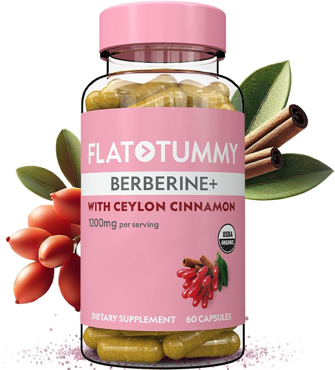 Flat Tummy Berberine Plus Supplement, 1200mg Berberine Per Serving, Post GLP-1 Berberine Supplement, Organic Berberine with Ceylon Cinnamon, 4:1 Potency – 60 Capsules (Pack of 2)