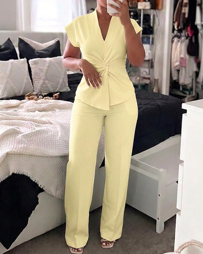 CHICME Women 2 Piece Outfits Twist Front Zipper Top and Elastic Waist Straight Leg Pants Set Casual Matching Set
