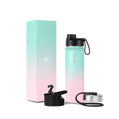 IRON °FLASK Camping & Hiking Hydration Flask with Straw, Wide Mouth Insulated Stainless Steel Sports Water Bottle - Midnight Black 24 oz - Straw (1 Lid)