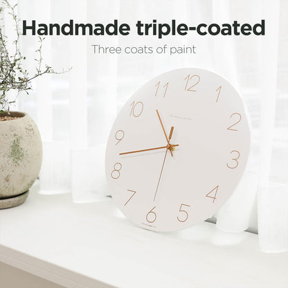 mooas Wooden Frame Flatwood Wall Clock,12" Non-Ticking Sweep Movement Decorative Battery Operated Wall Clock for Home Living Room Kitchen Bedroom Office School (Dark Brown)