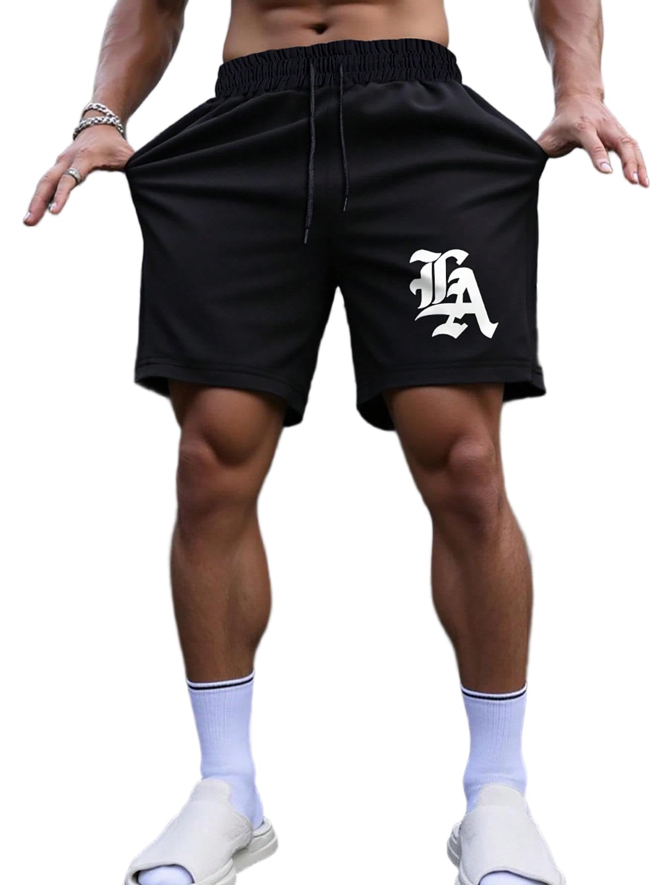 QJQ Men's Letter Graphic Drawstring Waist Shorts Summer Casual Workout Athletic Gym Track Shorts Streetwear
