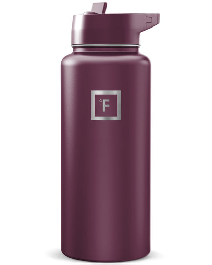 IRON °FLASK Camping & Hiking Hydration Flask with Straw, Wide Mouth Insulated Stainless Steel Sports Water Bottle - Midnight Black 24 oz - Straw (1 Lid)