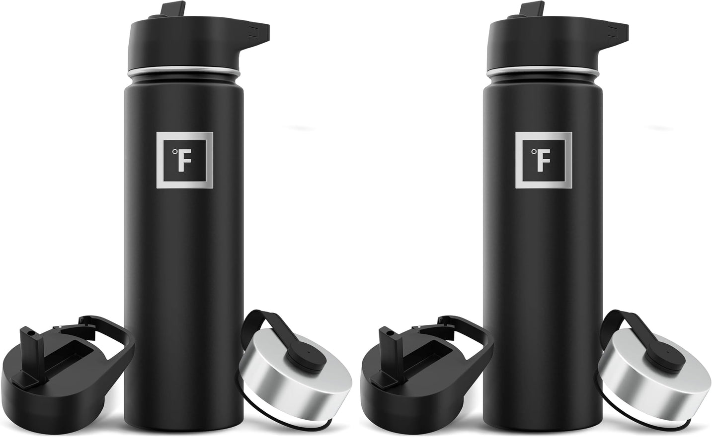IRON °FLASK Camping & Hiking Hydration Flask with Straw, Wide Mouth Insulated Stainless Steel Sports Water Bottle - Midnight Black 24 oz - Straw (1 Lid)