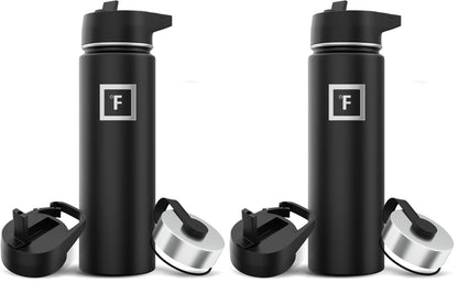IRON °FLASK Camping & Hiking Hydration Flask with Straw, Wide Mouth Insulated Stainless Steel Sports Water Bottle - Midnight Black 24 oz - Straw (1 Lid)