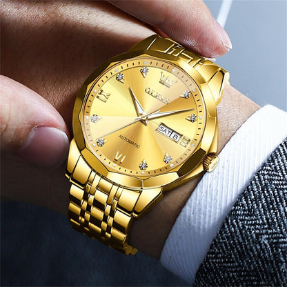 OLEVS Skeleton Men Watches Automatic Business Luxury Diamond Self Winding Watch for Men Stainless Steel Calendar Wrist Watch