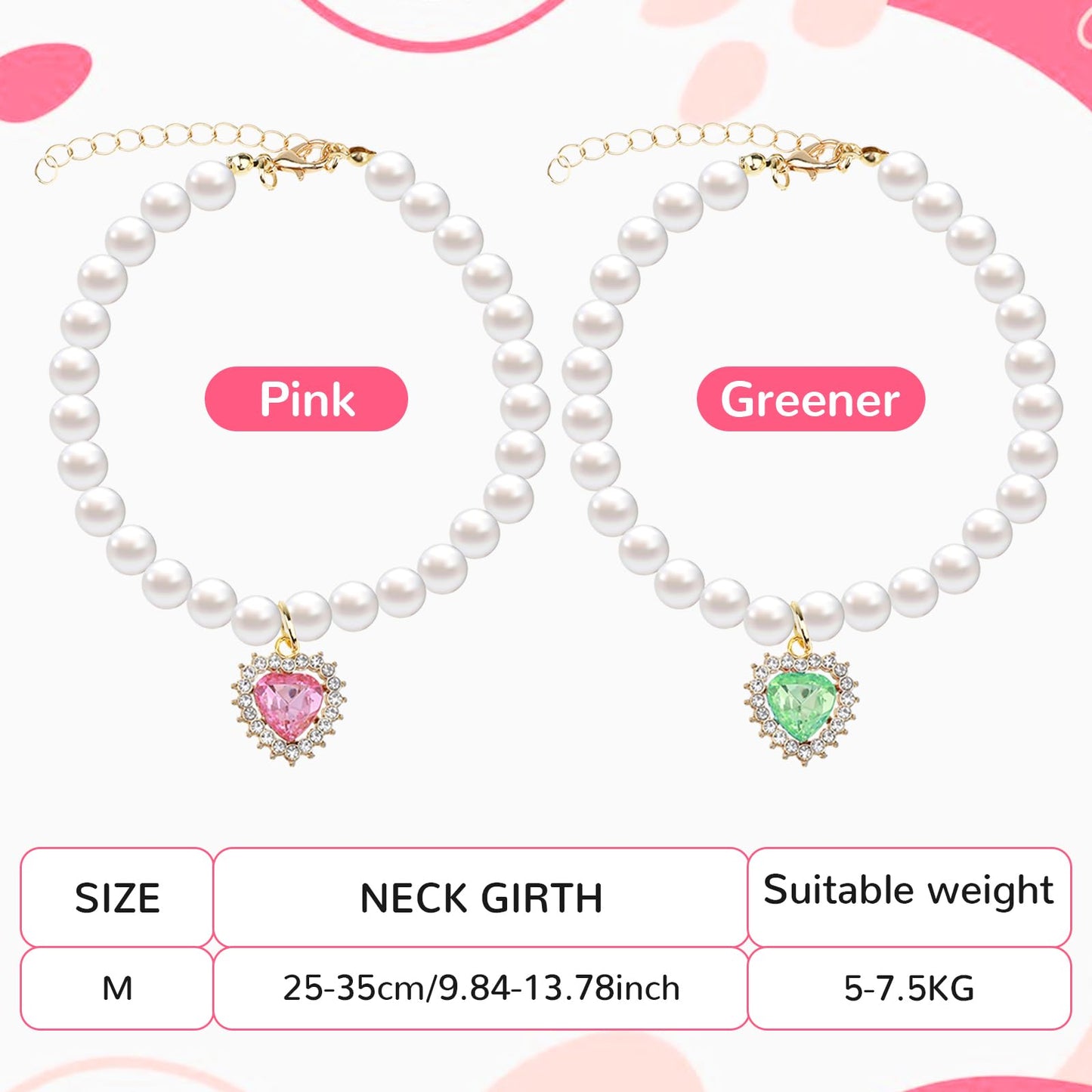 Tyqour 2pcs Cute Girl Cat Collar, Pearl Cat Dog Collar with Small Heart Shape Rhinestone for Small Dogs and Cats Adjustable Fancy Dog Pearl Necklace Collars, Pink Heart + White Heart