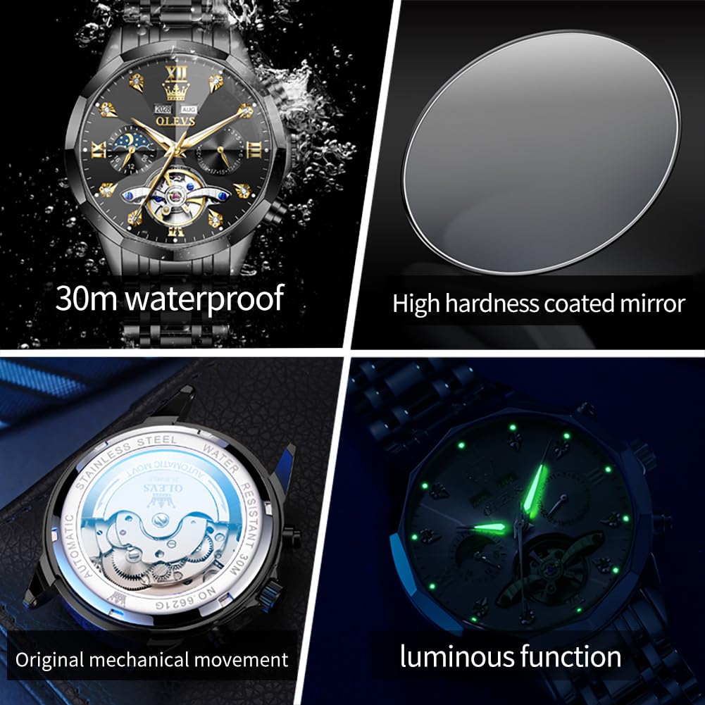 OLEVS Skeleton Men Watches Automatic Business Luxury Diamond Self Winding Watch for Men Stainless Steel Calendar Wrist Watch