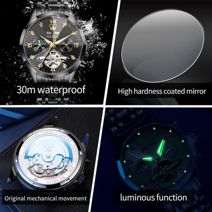 OLEVS Skeleton Men Watches Automatic Business Luxury Diamond Self Winding Watch for Men Stainless Steel Calendar Wrist Watch
