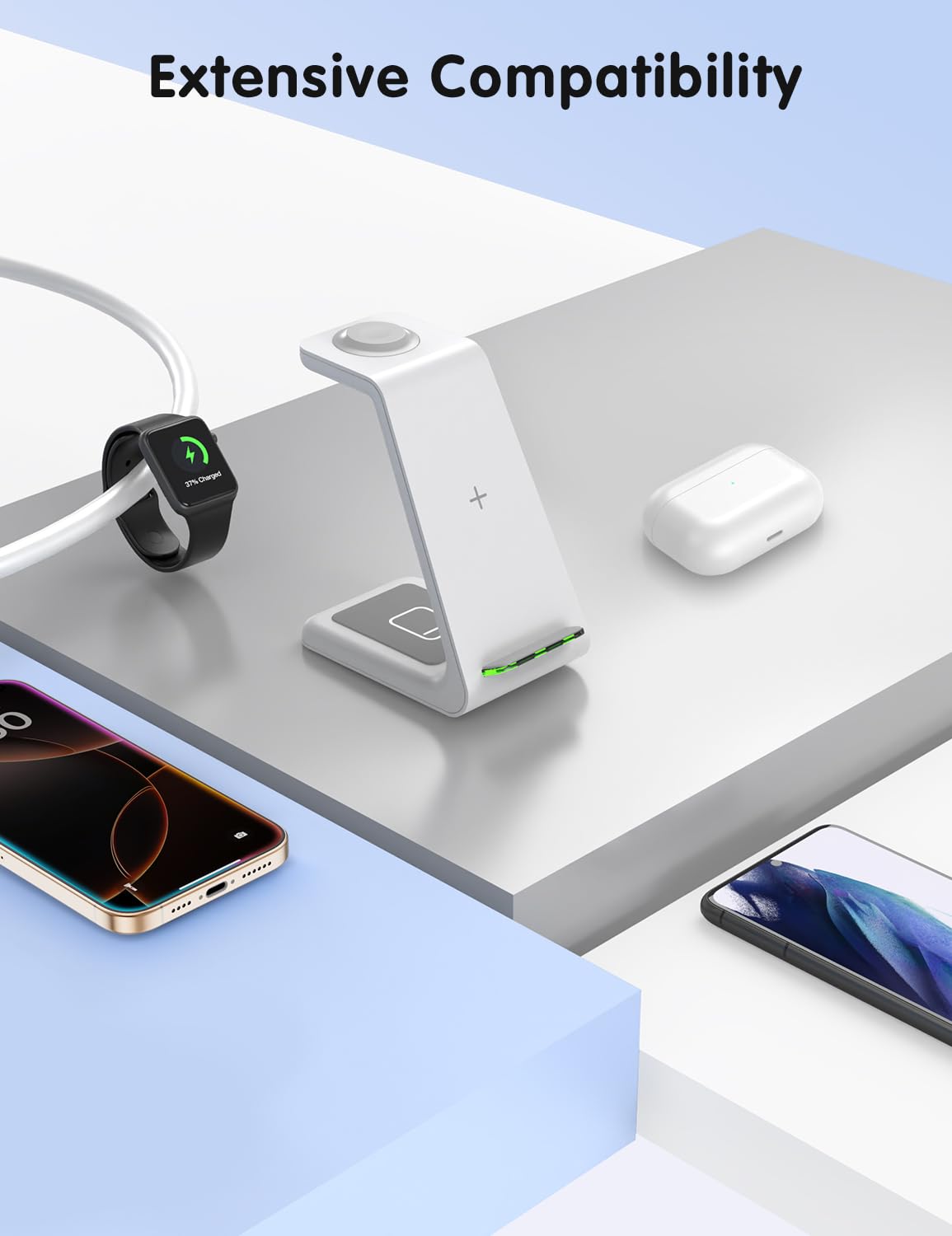 JoyGeek 3 in 1 Charging Station for Apple Devices, Wireless Charger Stand for iPhone 17/16/15/14/13/12/11/SE/X Pro Max Plus - Apple Watch 11/10/9/Ultra 2/8/SE/7/6/5 - AirPods Pro 2/3/2