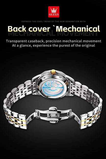 OLEVS Skeleton Men Watches Automatic Business Luxury Diamond Self Winding Watch for Men Stainless Steel Calendar Wrist Watch